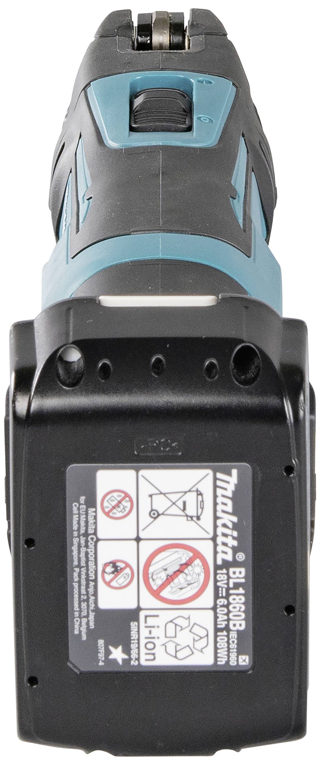 Electric power tool with a blue and black casing, with symbols and warning notices visible on the battery.