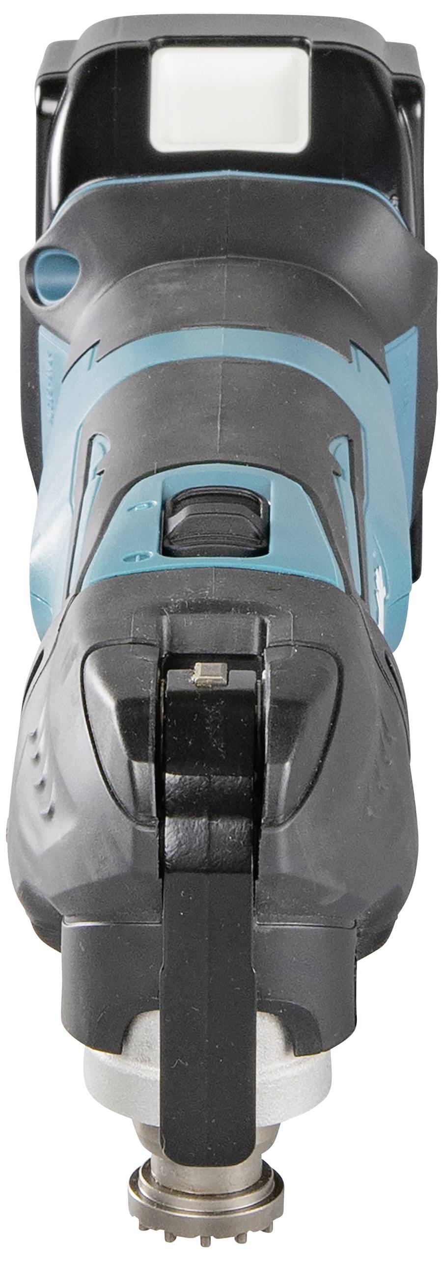 Power tool viewed from the front, black and blue, with an attachment at the end. Suitable for DIY and craftwork.