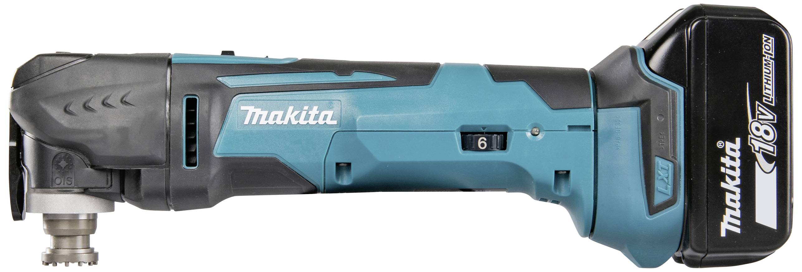 Electric multi-function tool in blue and black with an 18V battery. Suitable for sawing, cutting, and sanding.