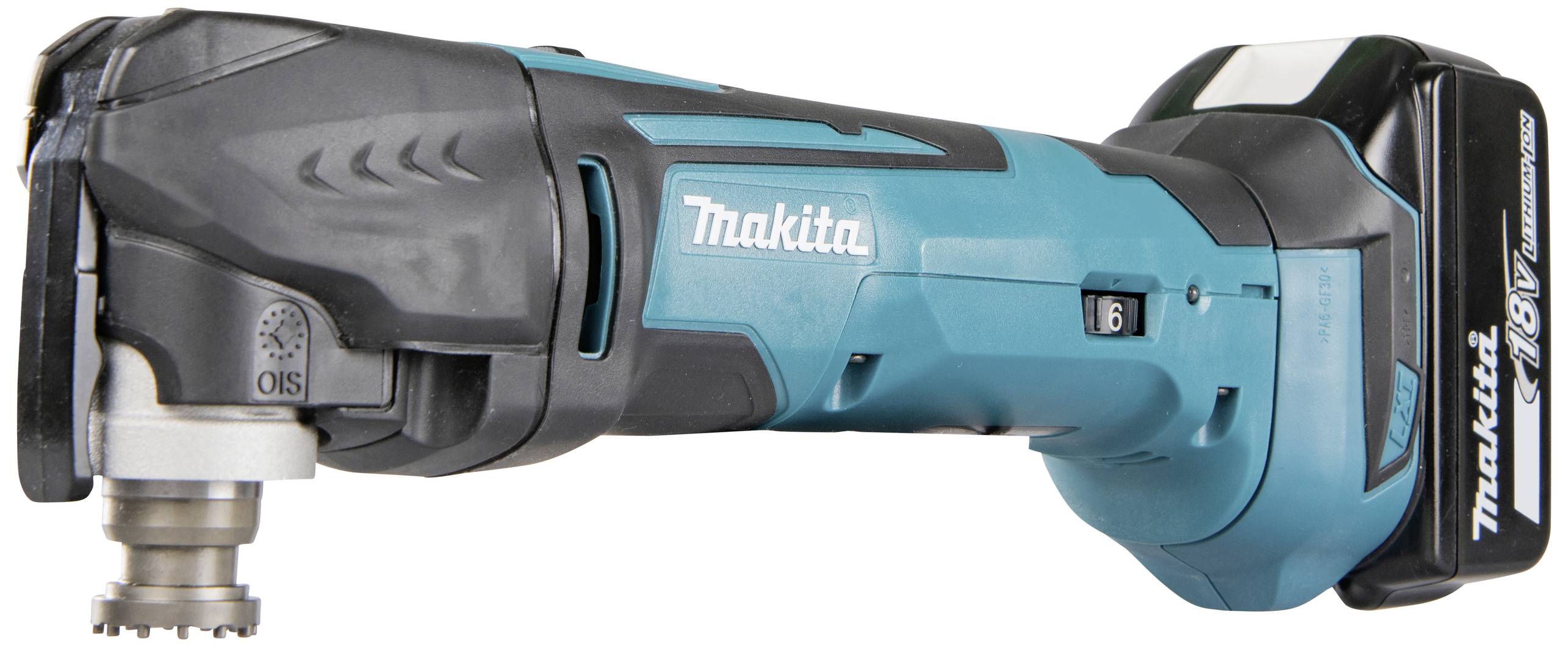 A blue, cordless multi-functional tool with a round attachment at the tip. The 'Makita' brand is visible on the side.
