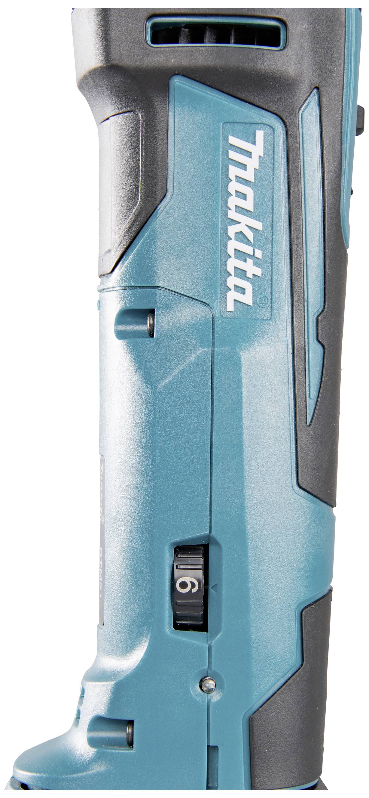 Makita electric power tool, blue casing, held vertically, with visible speed control switch.