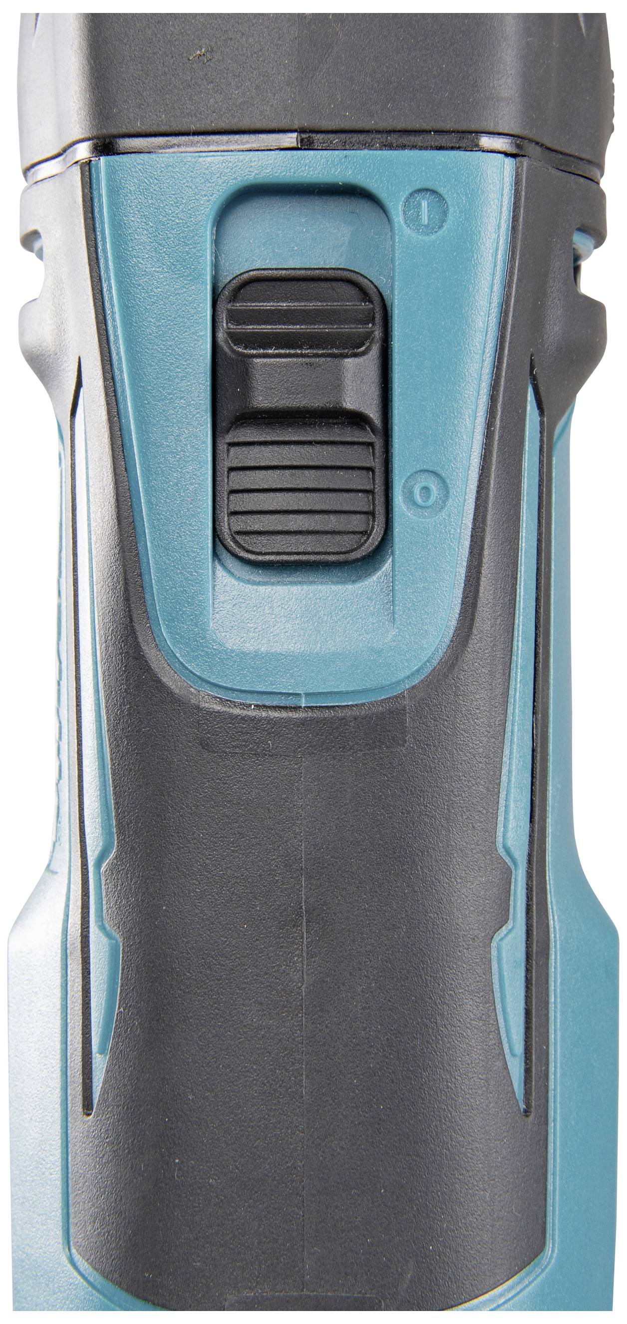 A blue and black electric hand tool handle with a switch.