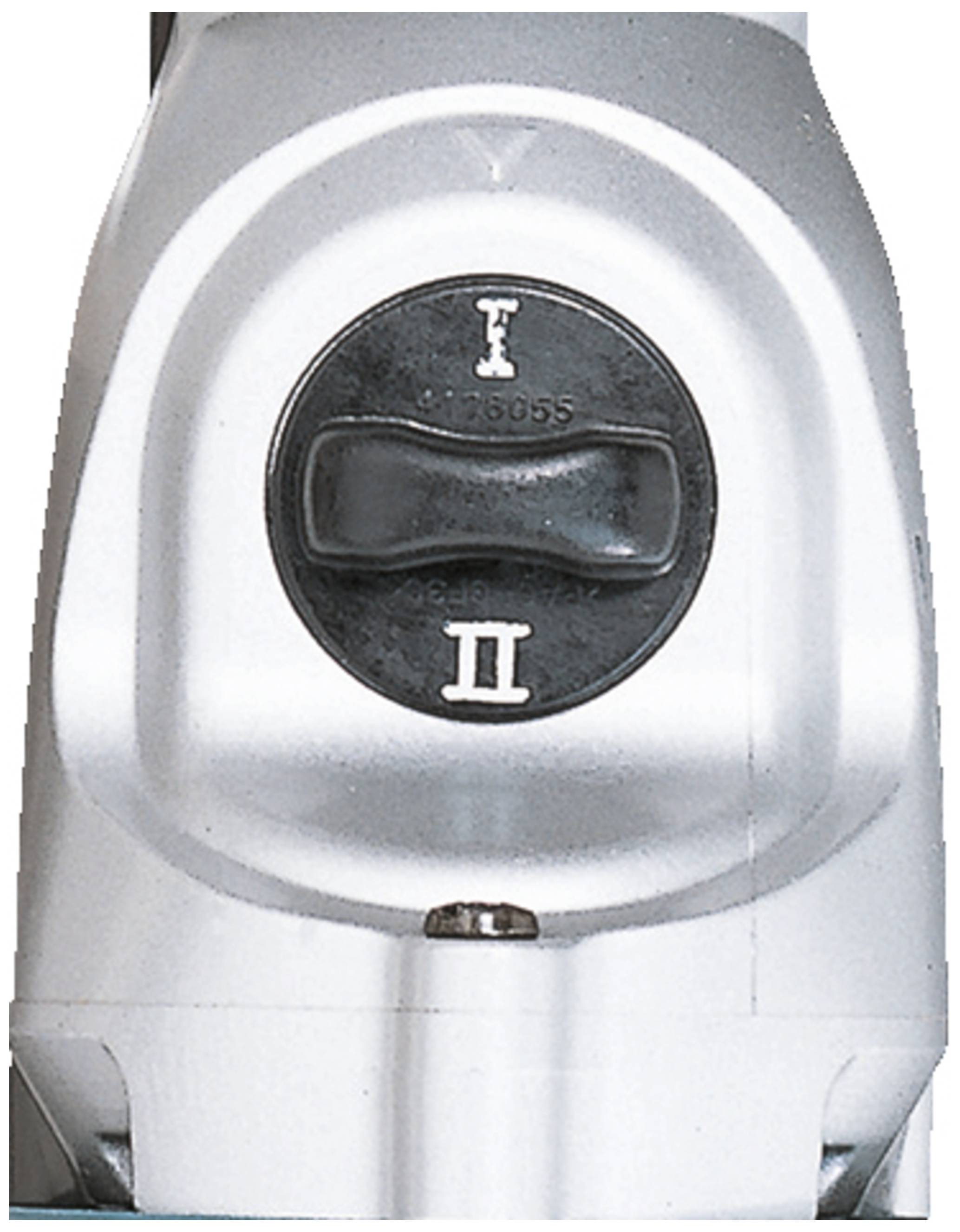 Silver device with a black rotary knob, featuring the numbers 'I' and 'II'.