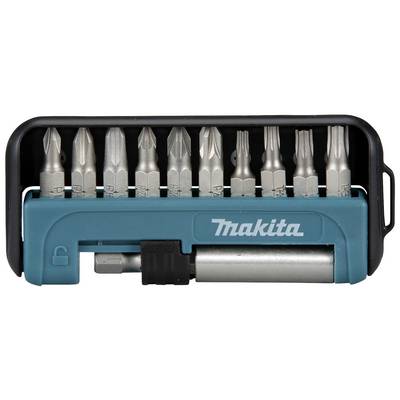 'Makita 10-Piece Bit Set', various screwdriver bit types in a compact plastic case, ideal for versatile screw-driving tasks.