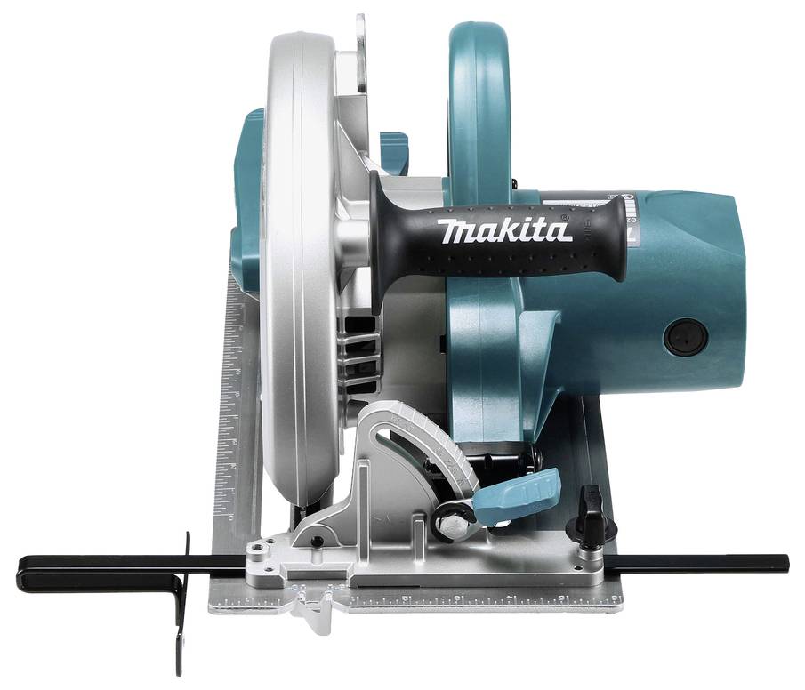 A teal and silver electric circular saw with a black handle, featuring 'Makita' branding. The saw is positioned on a metal baseplate.