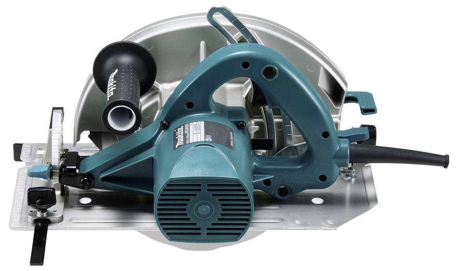 A teal electric circular saw with a handle and safety guard designed for cutting wood or similar materials.