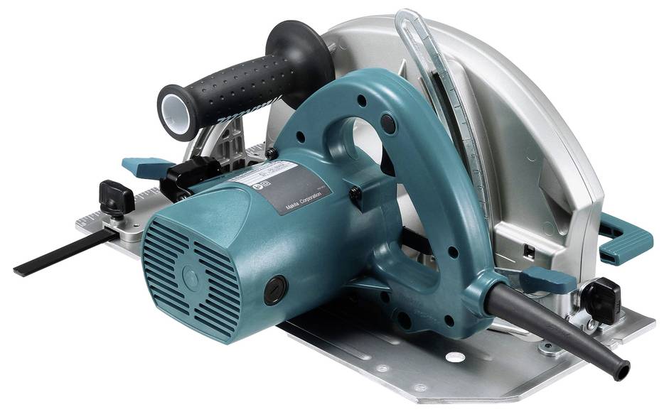 A blue and silver circular saw with a black handle is shown. It is placed on a flat surface, showcasing its design and structure.