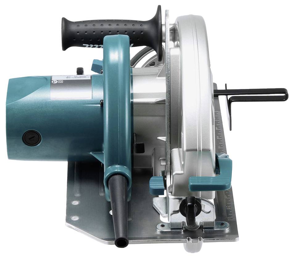 A teal and silver electric circular saw with a black handle, positioned side view. It features a guide rail and depth adjustment knob.
