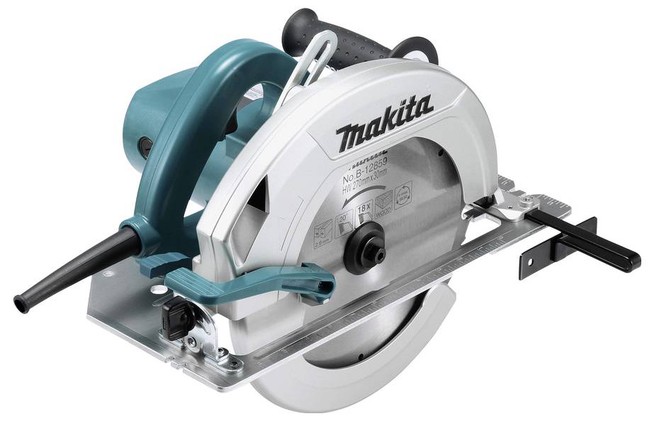 A handheld circular saw with a silver blade and teal handle, branded 'Makita', used for cutting wood or other materials.