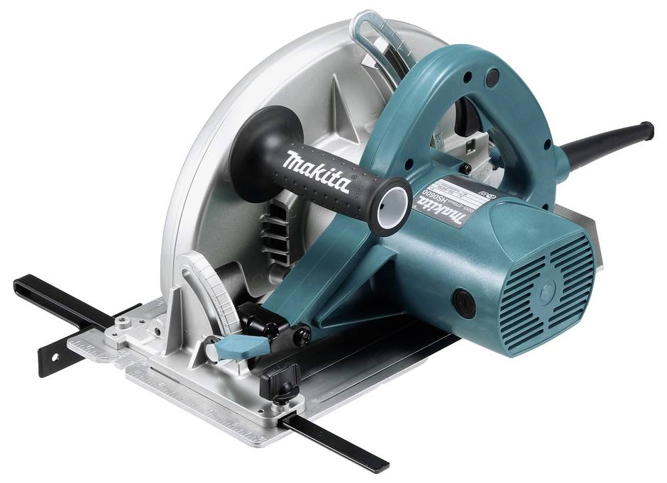 A circular saw with a turquoise body and silver blade housing, featuring a black handle and 'Makita' logo. Designed for cutting wood.