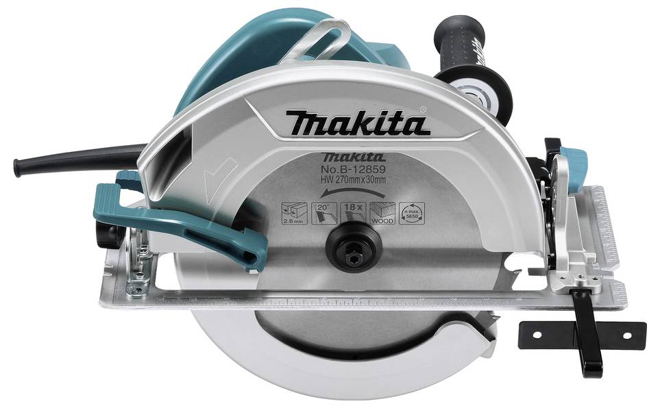 A circular saw with a silver blade and blue handle is positioned upright. The brand name is displayed prominently on the tool's casing.
