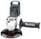 A Makita cordless angle grinder with a black and blue handle, featuring a side grip for stability and a rotating cutting disc for metalwork.