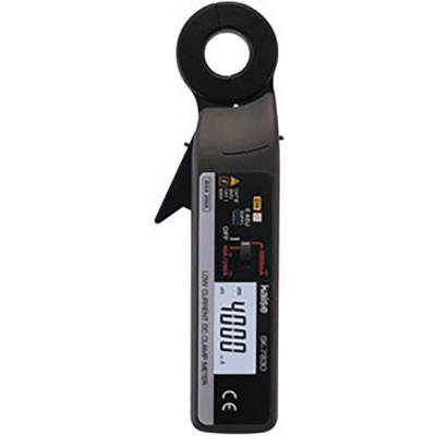 Digital clamp meter with display of '4000 A', suitable for measuring direct and alternating current, CE-certified.