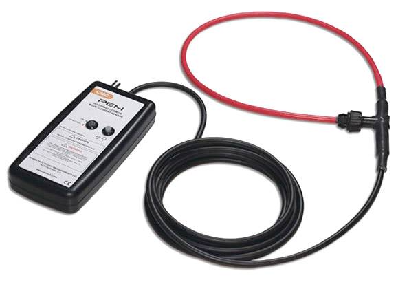 An electronic measuring device with a red flexible sensor for detecting electrical currents in cables; black housing with adjustment knobs.