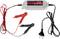 Battery charger with crocodile clips in red and black, indicator lights and power plug. Suitable for 6V/12V batteries.