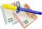 A blue banknote verification pen lies on a 20- and 10-euro note to verify their authenticity.