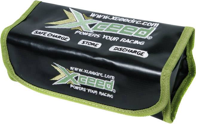 Black, rectangular protective cover with green edges, printed with 'xceedrc.com', 'SAFE CHARGE', 'STORE', 'DISCHARGE' and logo.