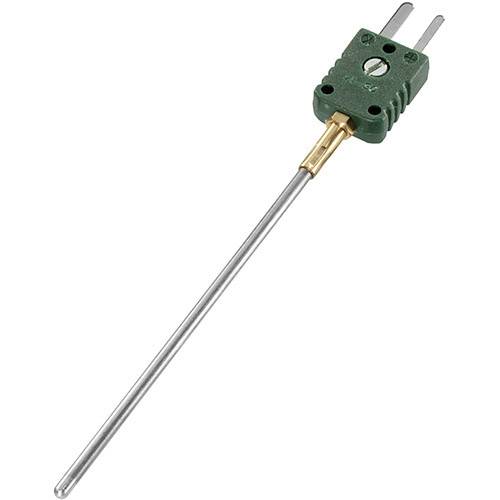 A thermocouple with a green connector and a long, thin metal probe, used for temperature measurement in various applications.