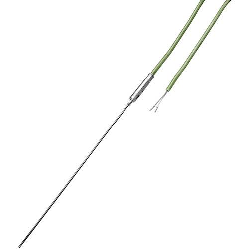 A green thermocouple with a metal tip; used for temperature measurement in scientific or industrial applications.