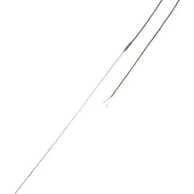 A long, thin thermocouple with two wires, one green and one white, for temperature measurements.