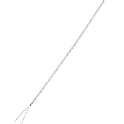 A long, thin silver wire with a split end, set against a white background. Potentially used for electrical work or craft projects.