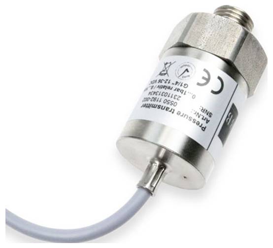 A metal pressure transmitter with labeled specifications, connected to a gray cable. Used in industrial and mechanical applications.