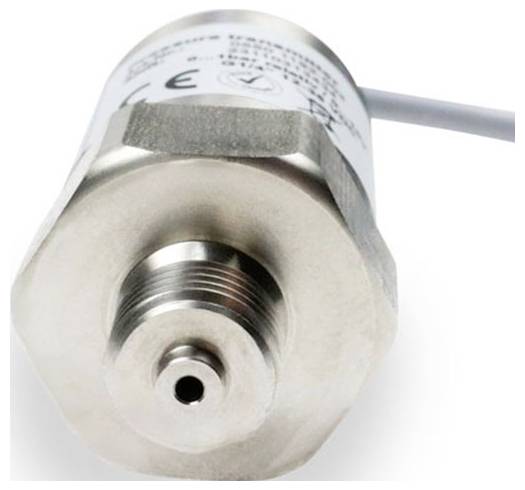 A close-up of a metal pressure sensor with a threaded connection, cylindrical shape, and visible electrical wire for installation.