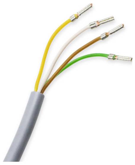 A gray electrical cable with four multicolored wires—yellow, white, brown, and green—each tipped with metal connectors.
