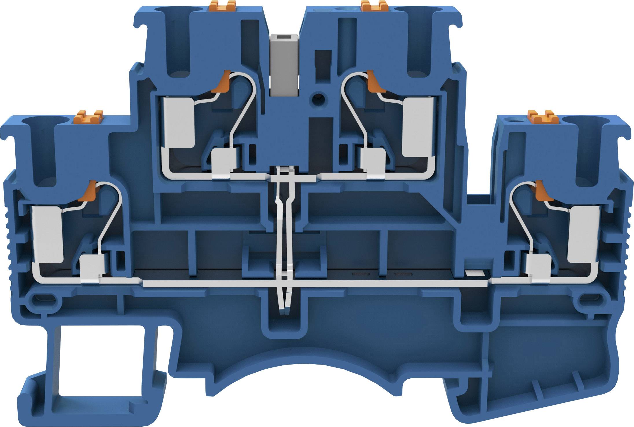 Blue electrical terminal block in cross-section with detailed view of internal wiring and connections.