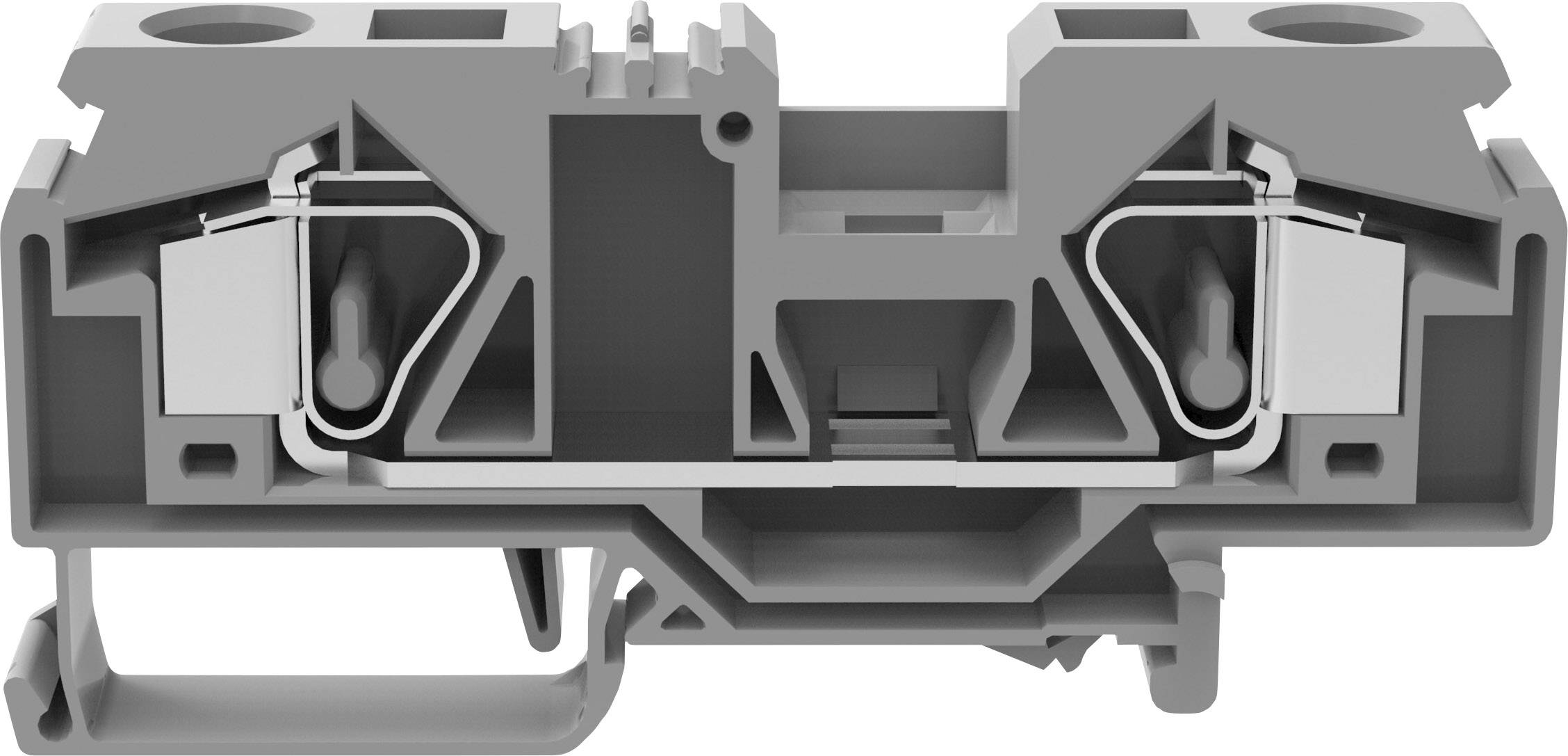Grey electrical terminal block with metallic connection terminals, shown in cross-sectional view.