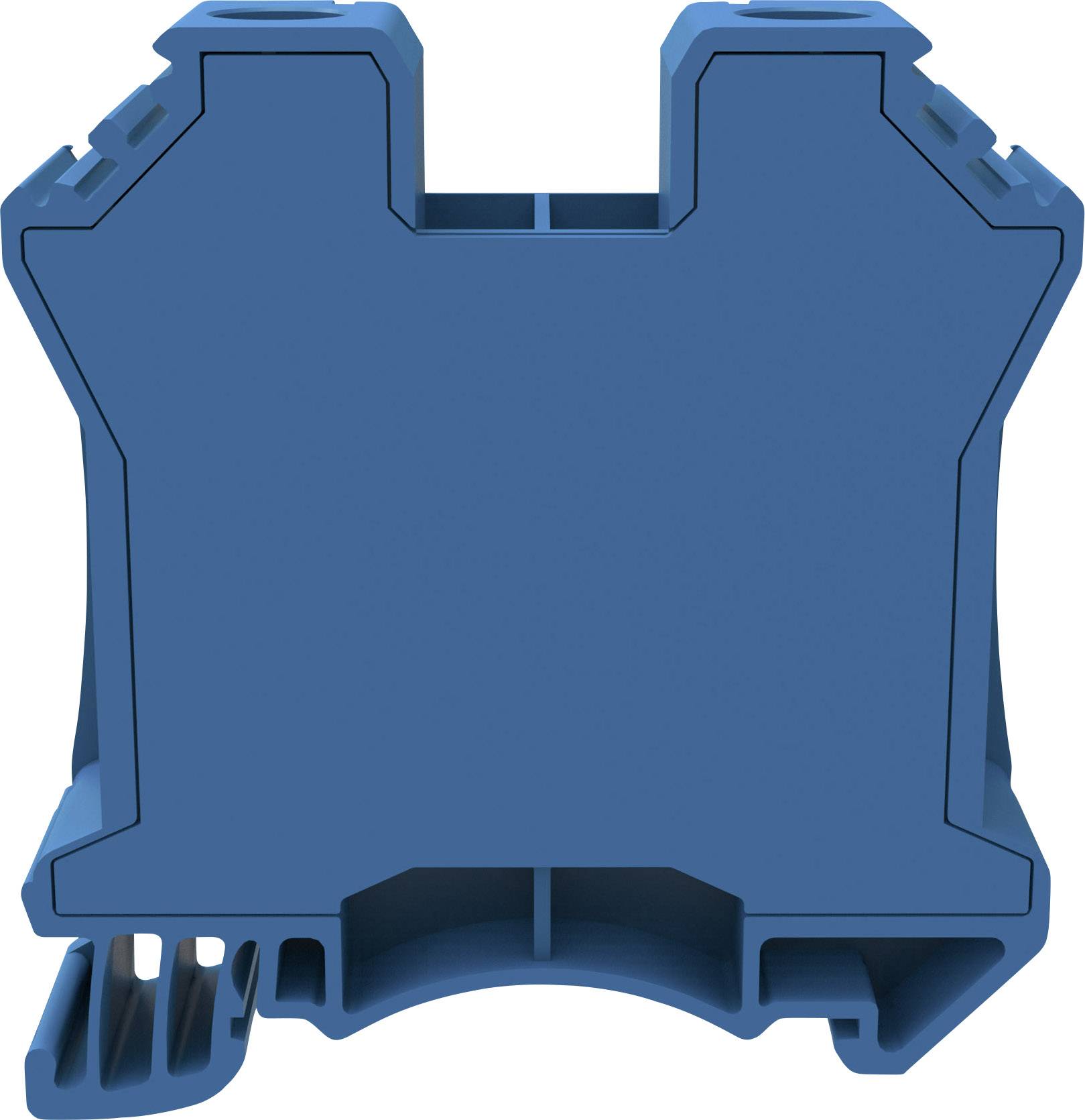 A blue, rectangular connection terminal adapter with symmetrical design, suitable for DIN rail mounting in electrical installations.