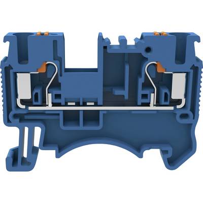A cross-section of a blue electrical connector reveals its internal structure, showing visible metal components and orange terminals.