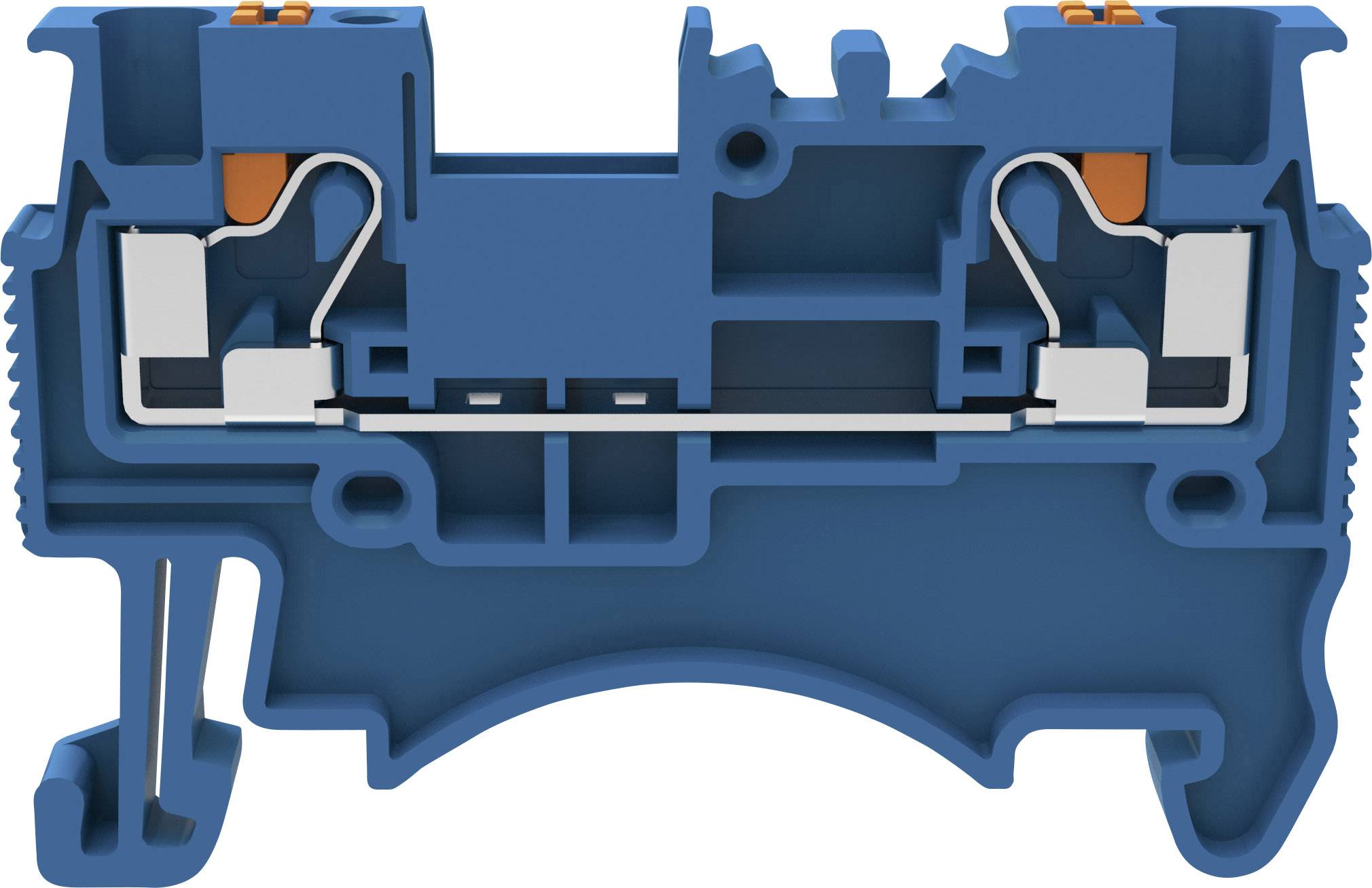Cross-section of a blue electrical terminal block with internal metal connections and orange terminals, used for cable connection.