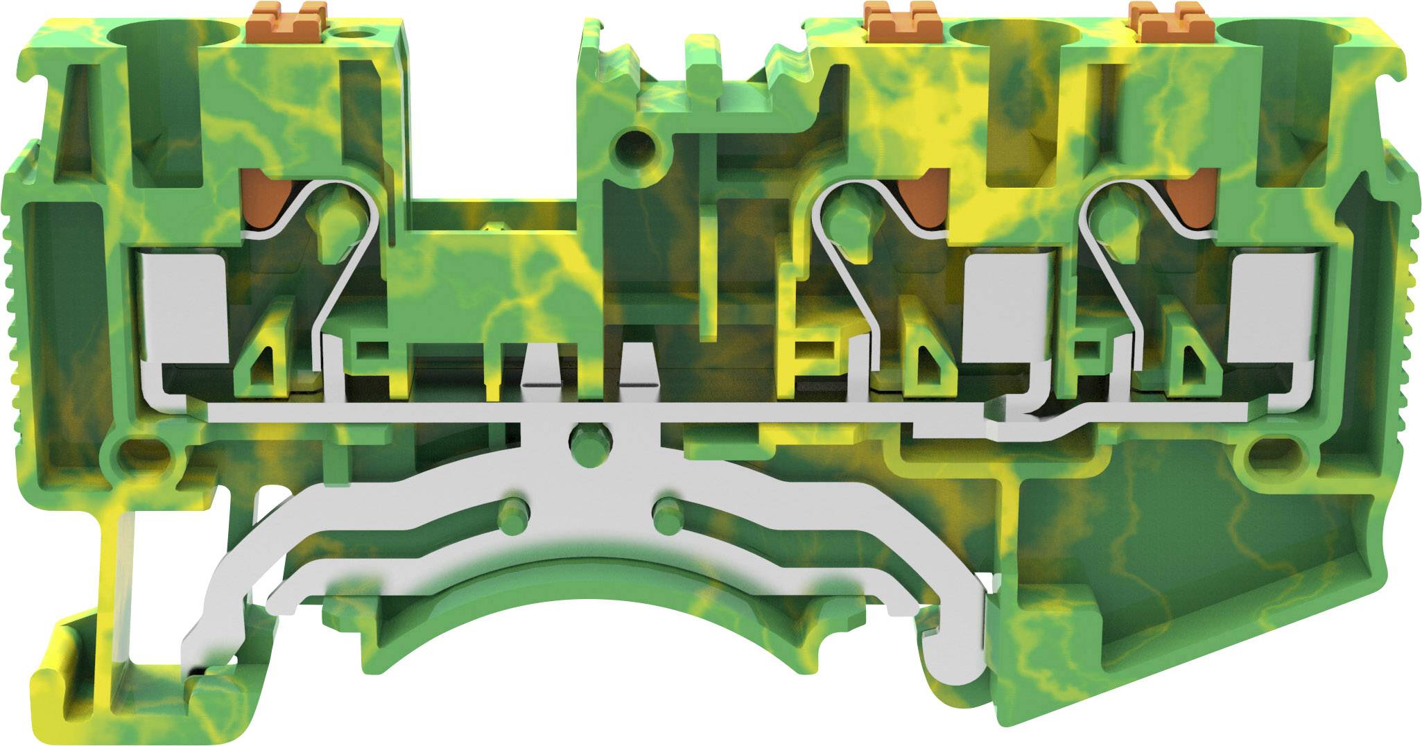 Green-yellow, transparent cable clip for electrical connections. Visible internal metal parts show the connection points.