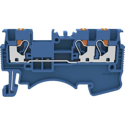Blue two-stage terminal block with grey and orange elements, showing the cross-section and internal mechanical structure.