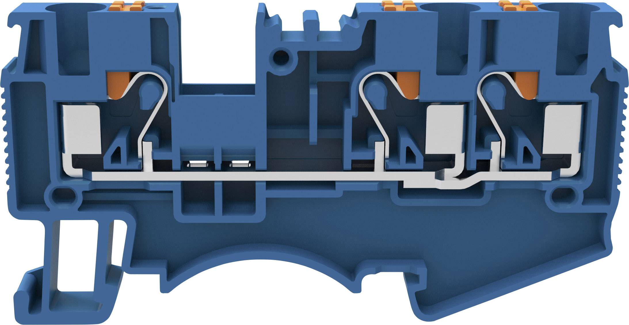 Blue plastic multi-point connector with metallic connections, showing internal electrics and connection elements.