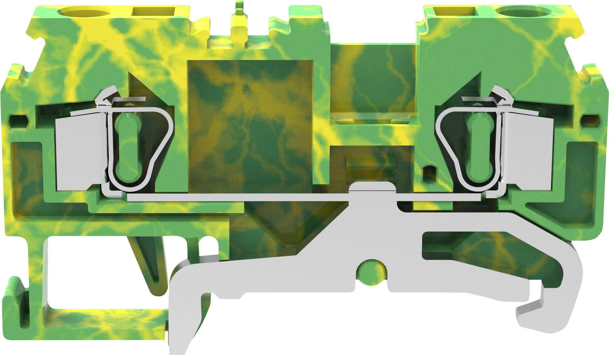 Green and yellow component with metal clips, likely an electrical connector or terminal block, in close-up.