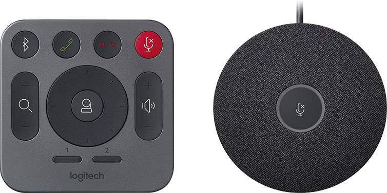 Two conference speakers: on the left, a rectangular control panel with buttons for volume, mute, and call; on the right, a round speaker.