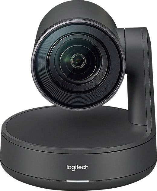 A black video conferencing camera with a round lens on a pivoting base, suitable for meetings.