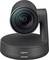 A black video conferencing camera with a round lens on a pivoting base, suitable for meetings.