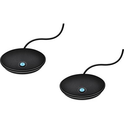 Two black desk microphones with blue indicator lights and cables. Suitable for conferences or meetings.