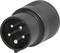 Black electric plug with multiple metal pins protruding from the front.