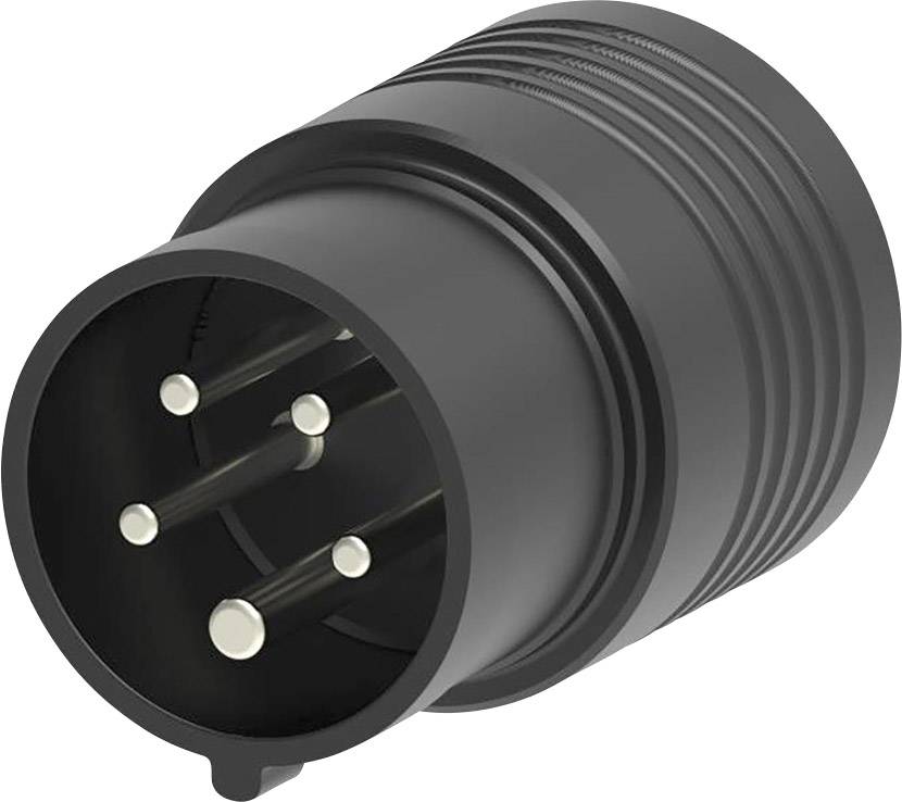 Black round electric plug with multiple metal pins and a ribbed surface for better grip.