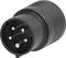 Black round electric plug with multiple metal pins and a ribbed surface for better grip.