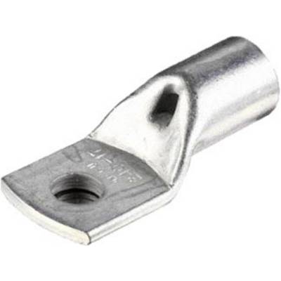 Metal cable lug with a hole for bolting, used for connecting cables in electrical applications.