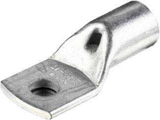 A metal cable lug with a hole for securing, used for electrical connections.