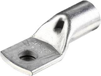 A silver metal cable lug with a hole for securing electrical conductors.