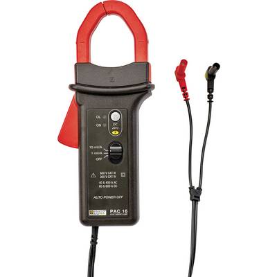 A digital clamp meter with red and black leads, suitable for direct and alternating current measurements up to 600 A.