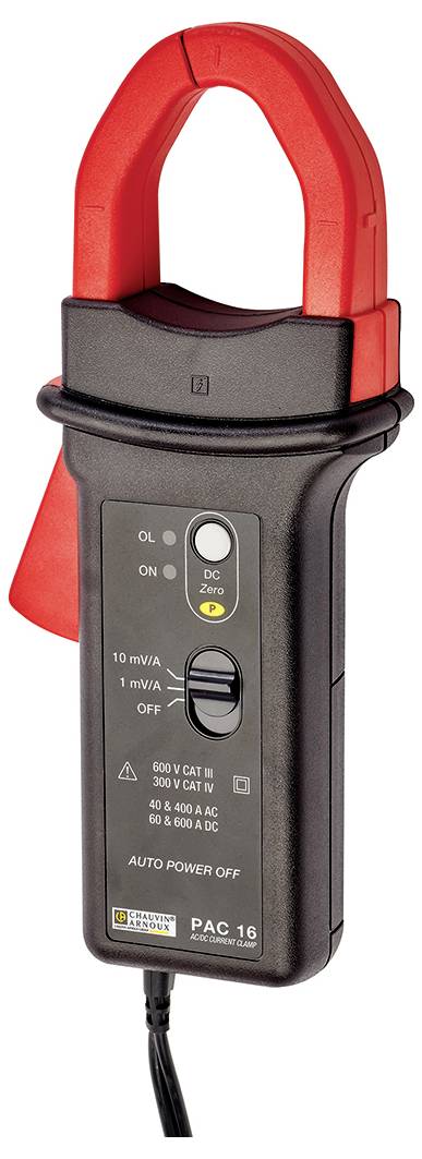 A black current clamp with red jaws and a digital display shows measurement ranges for alternating current and direct current.