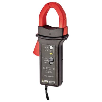 A black current clamp with red jaws and a digital display shows measurement ranges for alternating current and direct current.